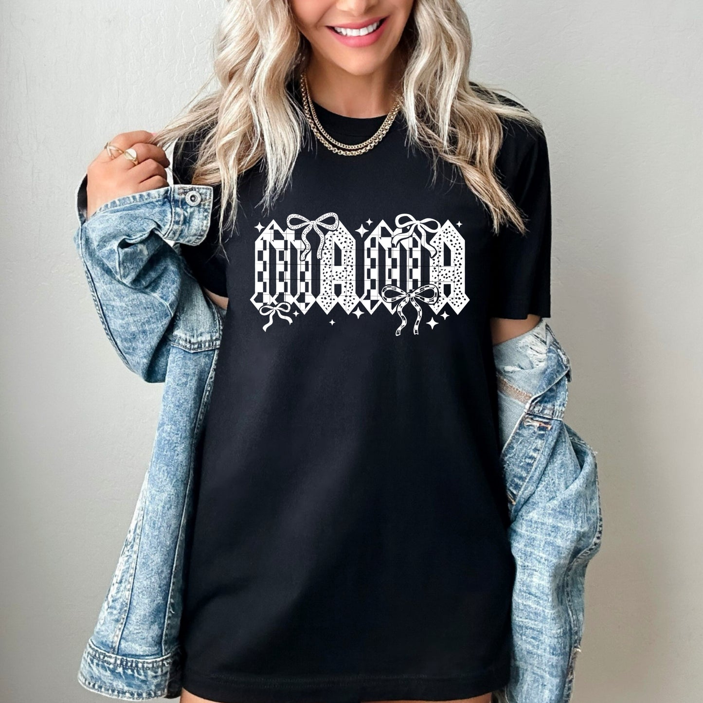 Mama Checker and Bows Single Color White-Ready to Press Transfer