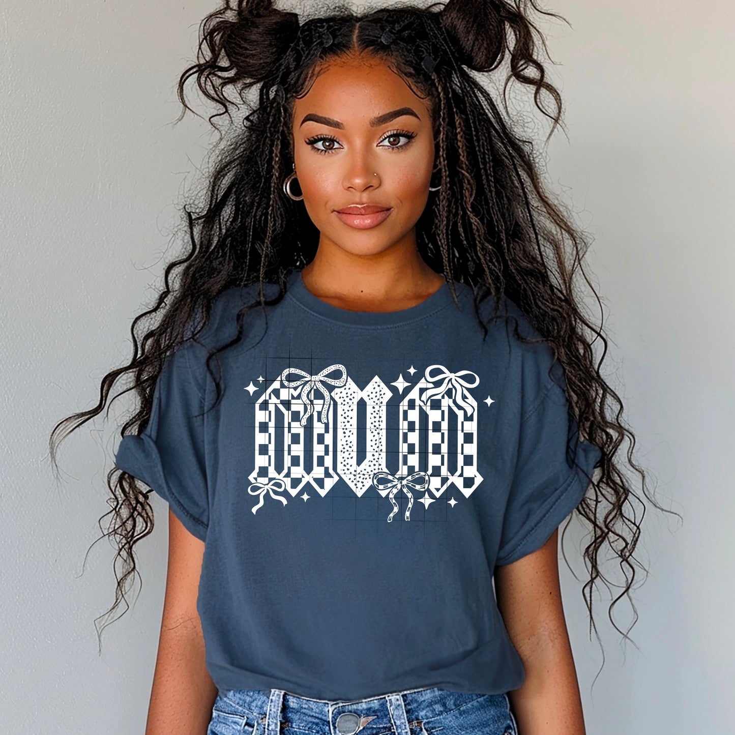 Mum Checker and Bows Single Color White-Ready to Press Transfer