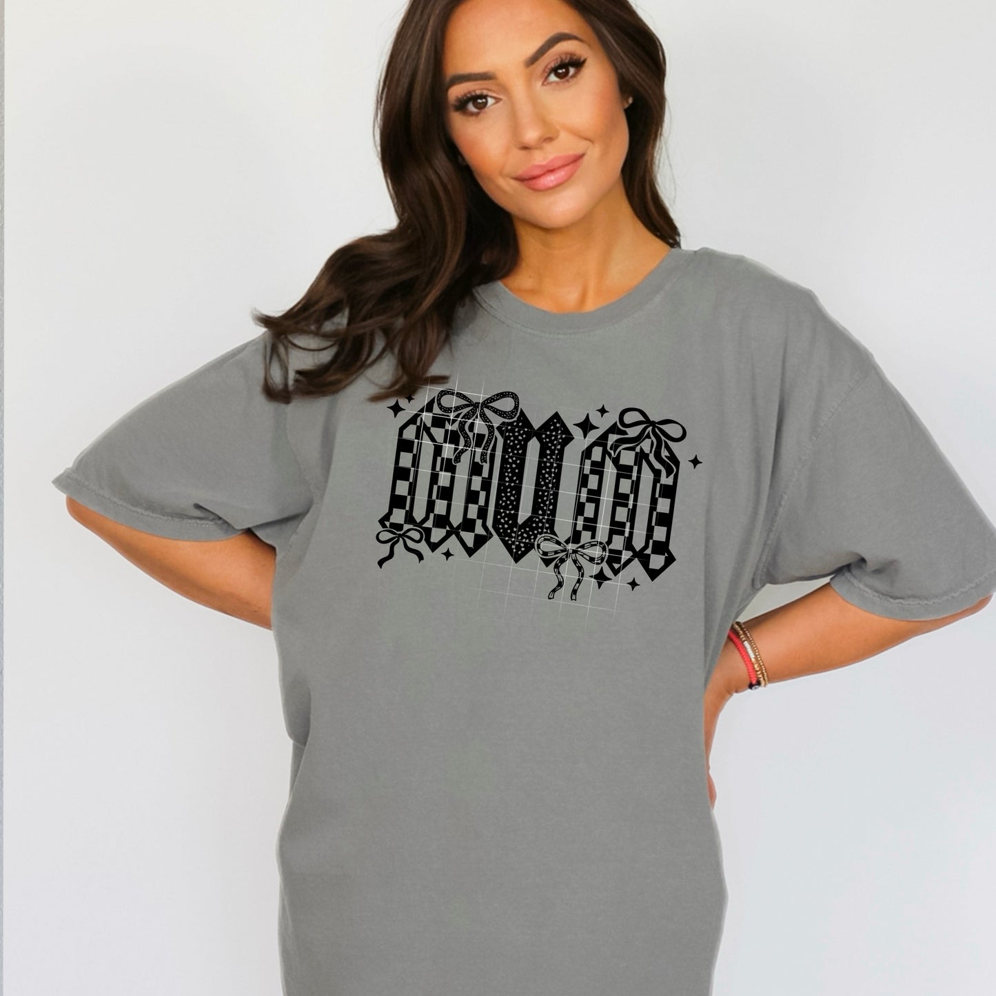 Mum Checker and Bows Single Color Black-Ready to Press Transfer