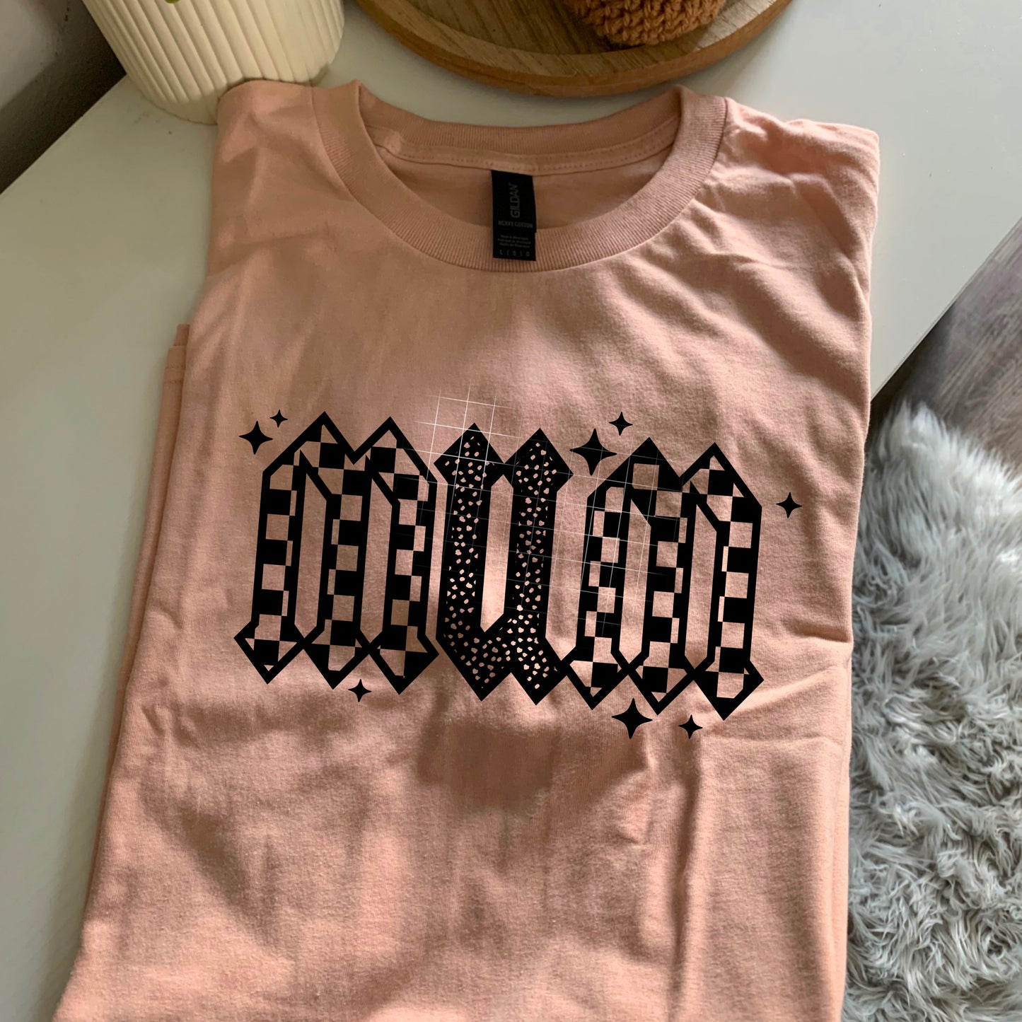 Mum Checker and Stars Single Color Black-Ready to Press Transfer