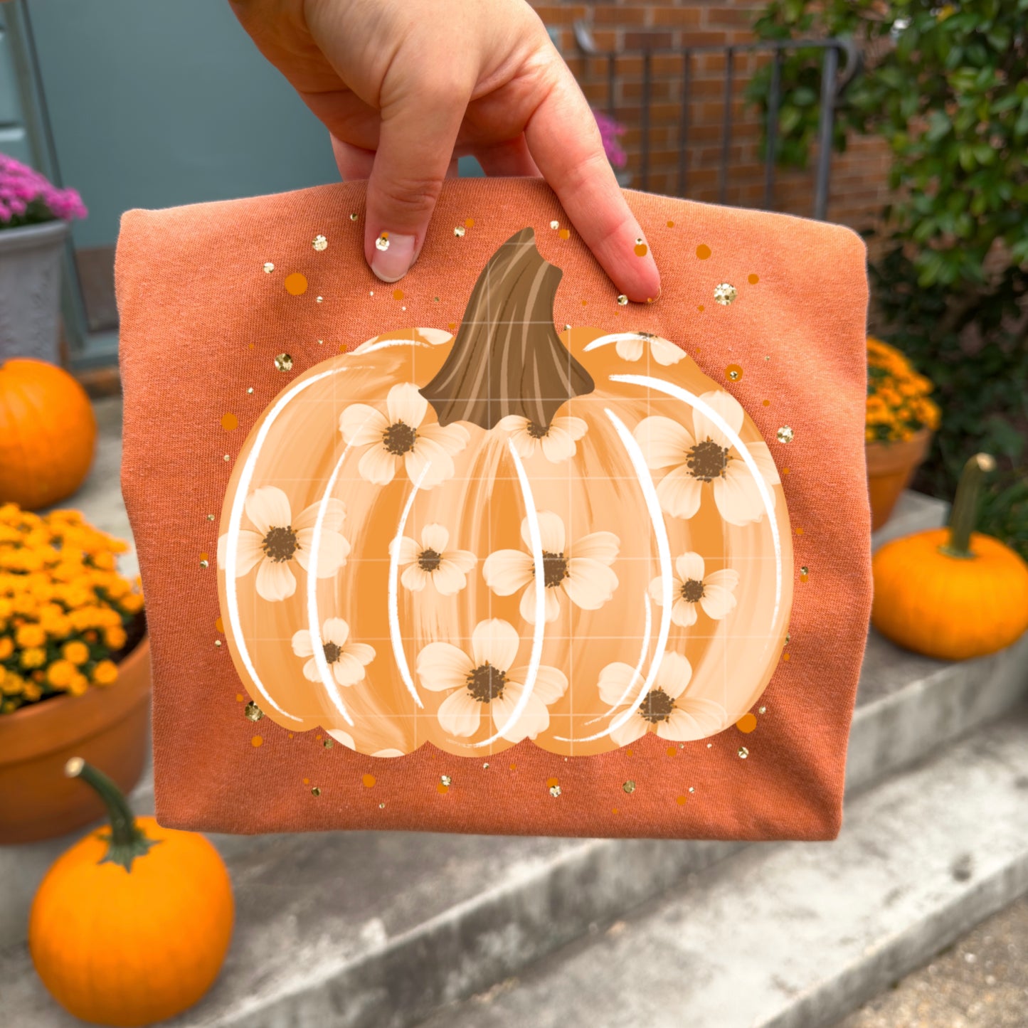 Floral Pumpkin with Splatter-Ready to Press Transfer