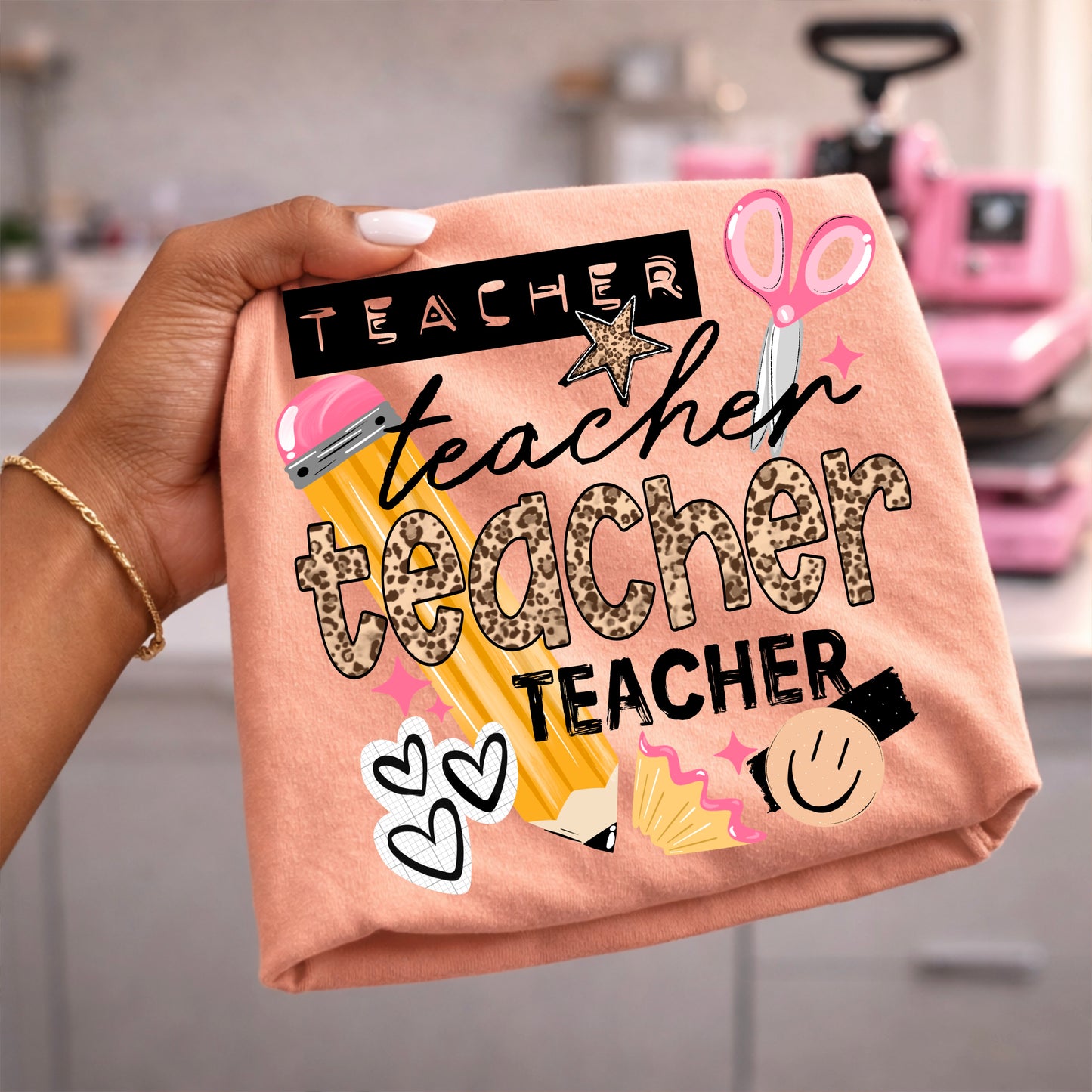 Teacher Pencil and Leopard-Ready to Press Transfer