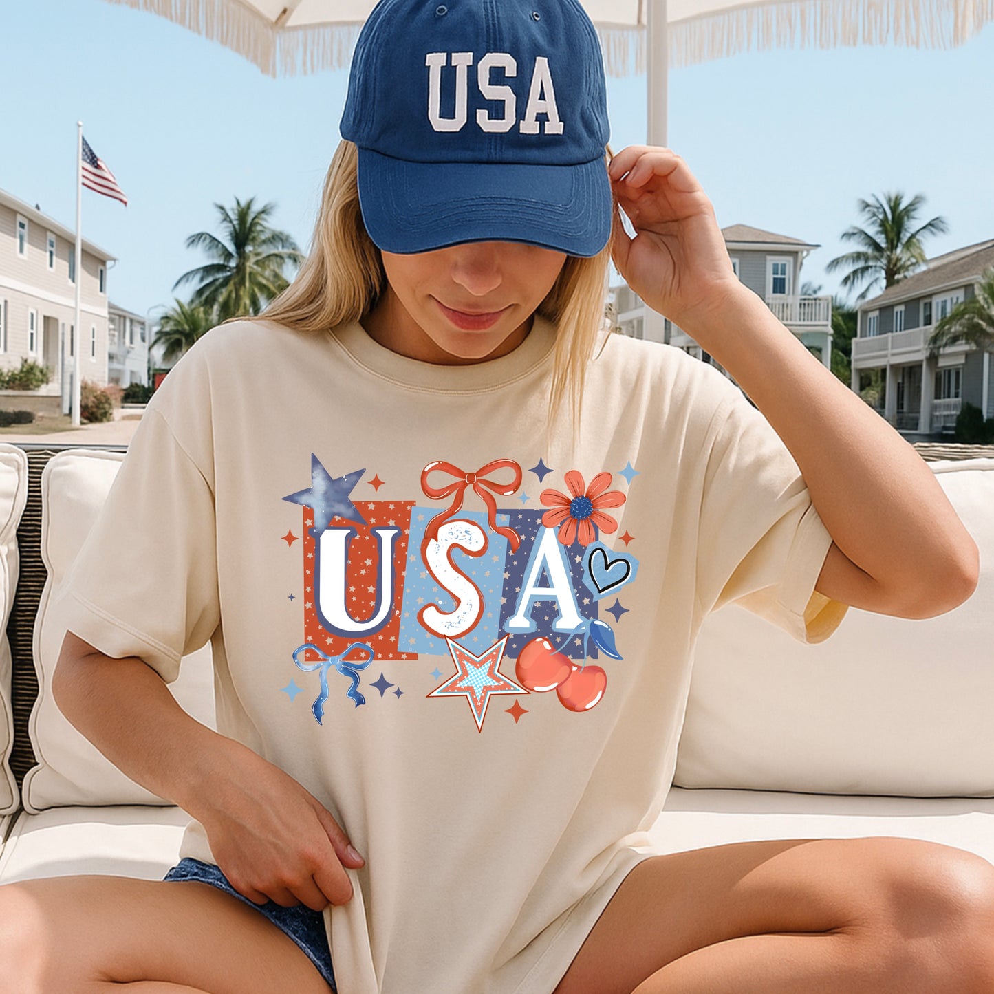 Usa Bow Cherry Stars-Ready to Press Transfer