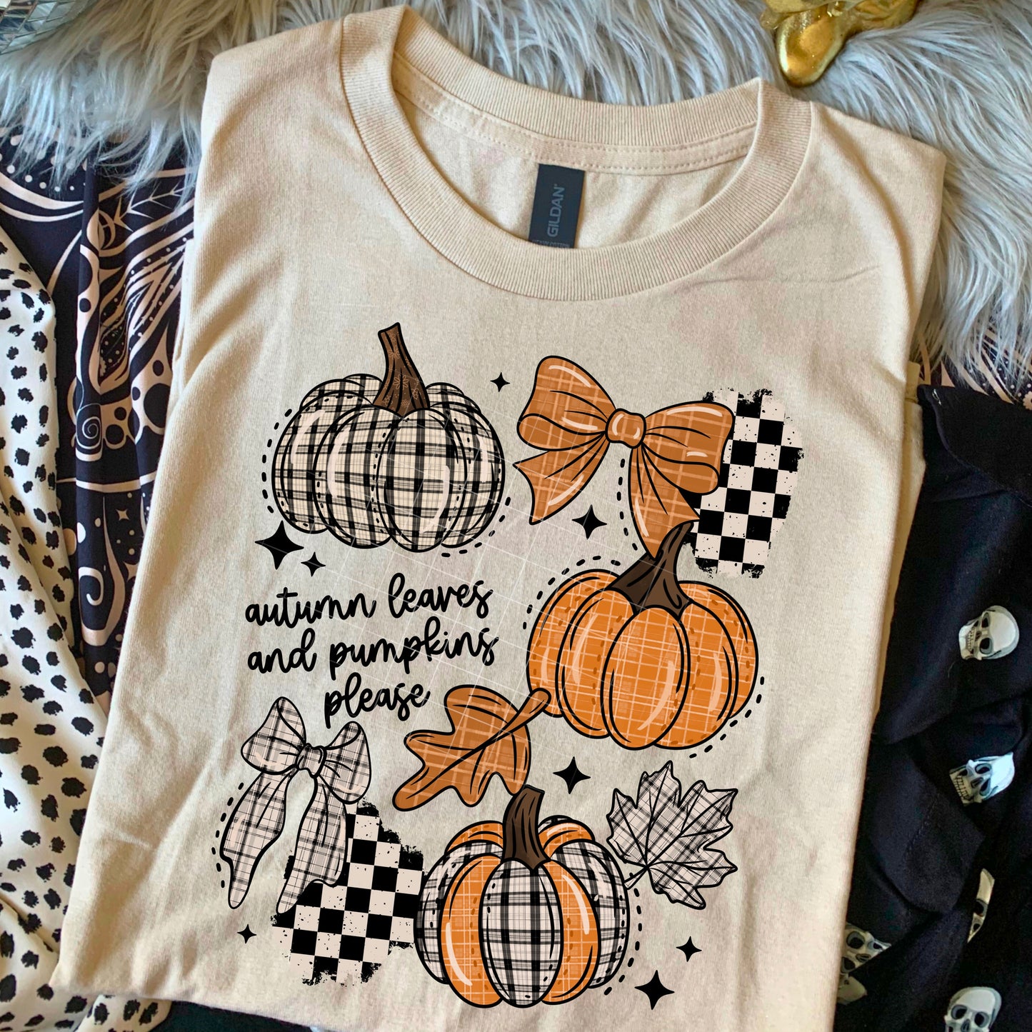 Autumn Leaves Pumpkins Please Plaid-Ready to Press Transfer