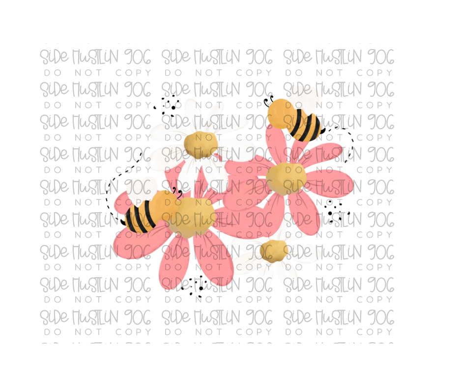 Pink Flowers & Bees-Ready to Press Transfer
