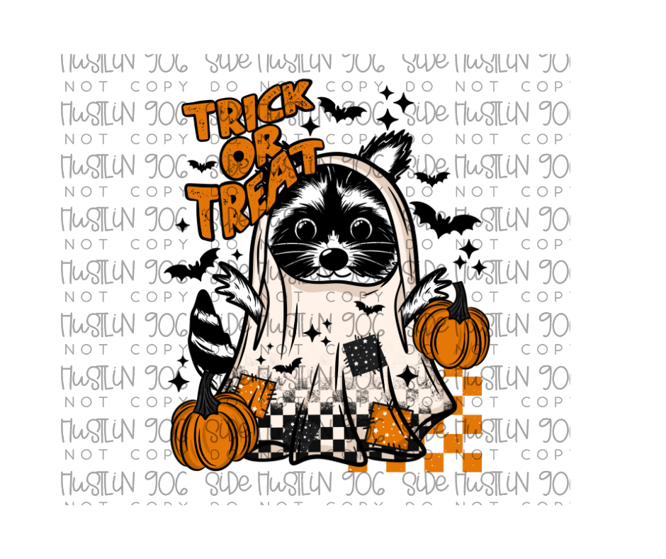 Trick or Treat Ghost Racoon-Ready to Press Transfer