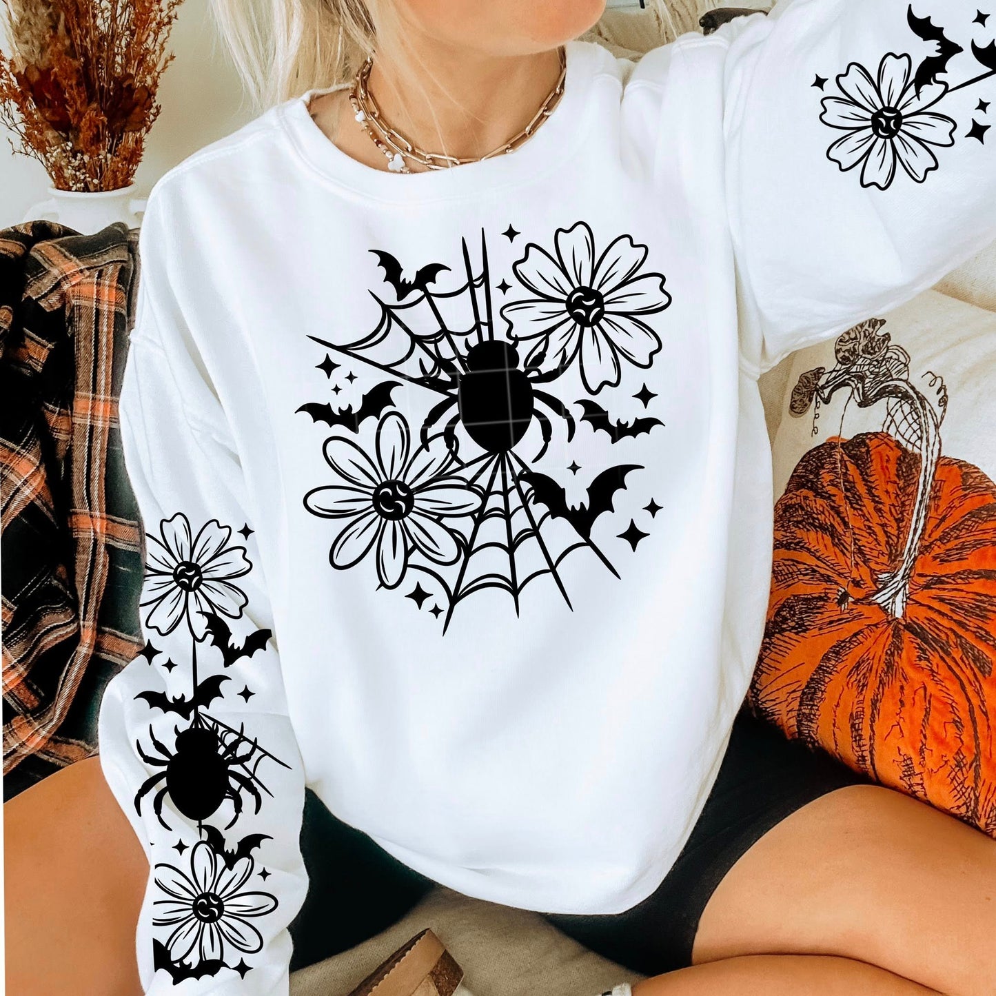 Spider Web and Flowers Single Color-Ready to Press Transfer