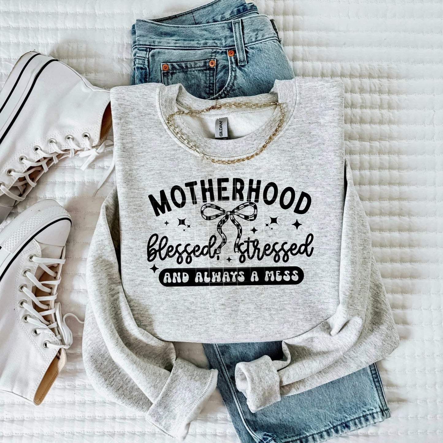 Motherhood Blessed Stressed Single Color Black-Ready to Press Transfer