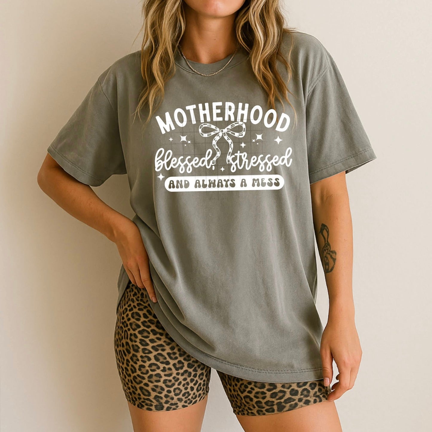 Motherhood Blessed Stressed Single Color White-Ready to Press Transfer