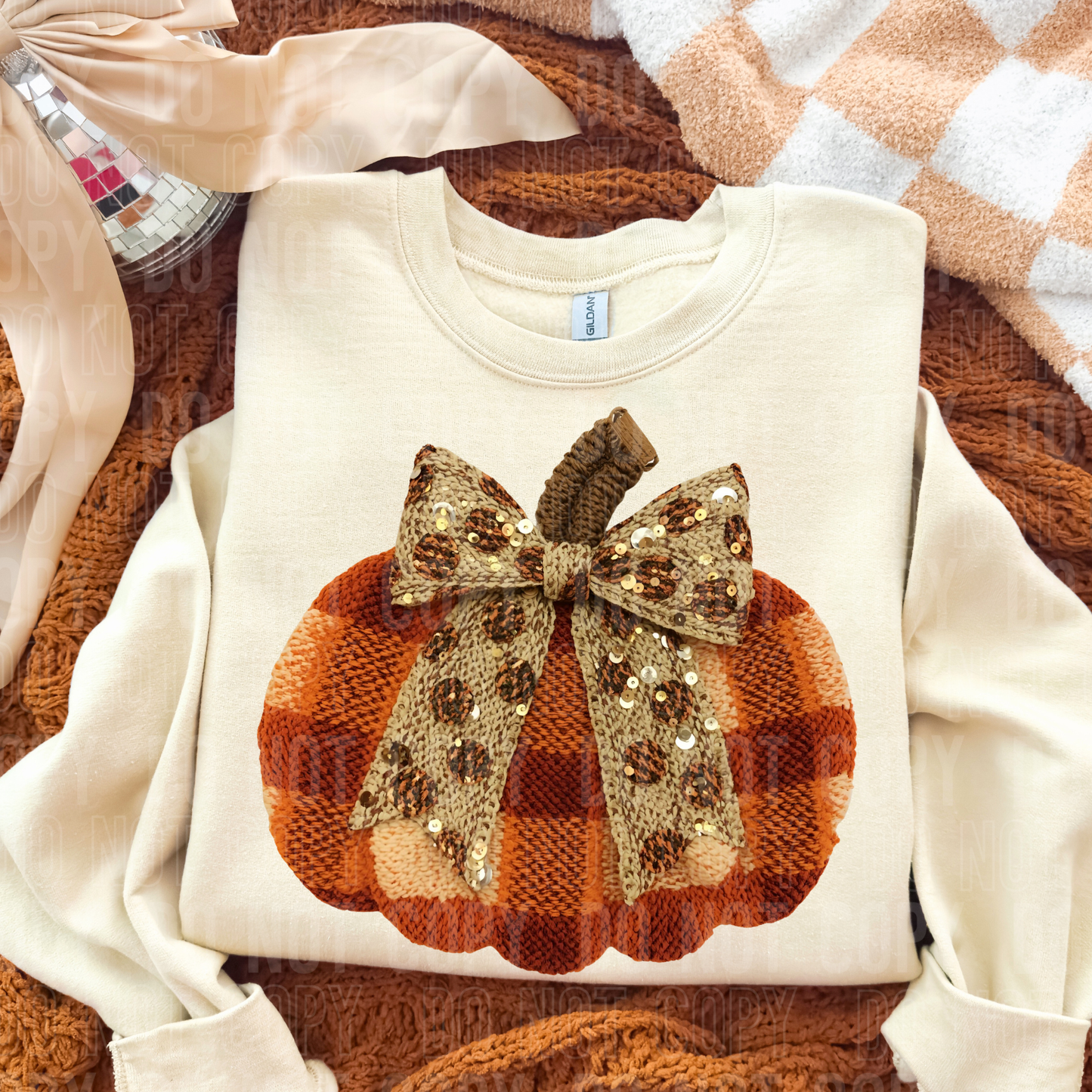 FALL PLAID PUMPKIN BOW FAUX YARN SEQUINS-Ready to Press Transfer