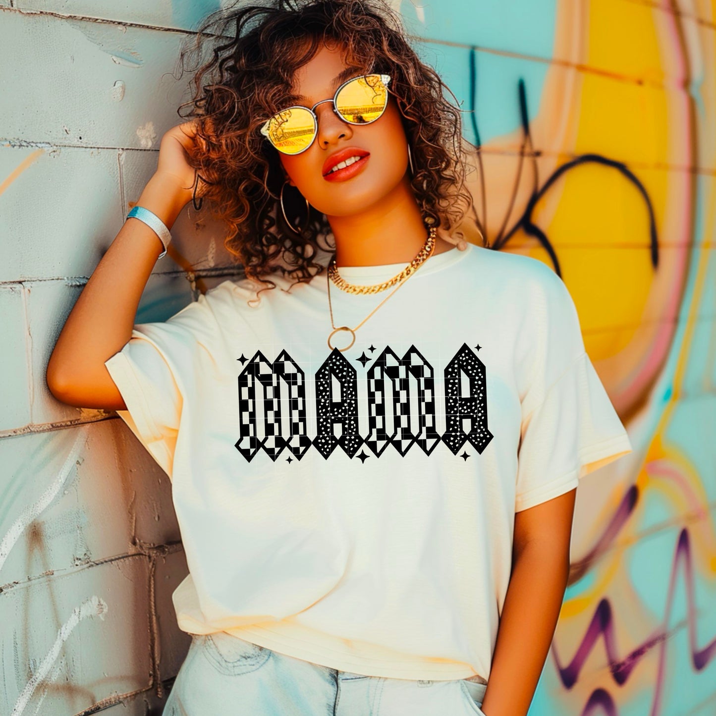 Mama Checker and Stars Single Color Black-Ready to Press Transfer