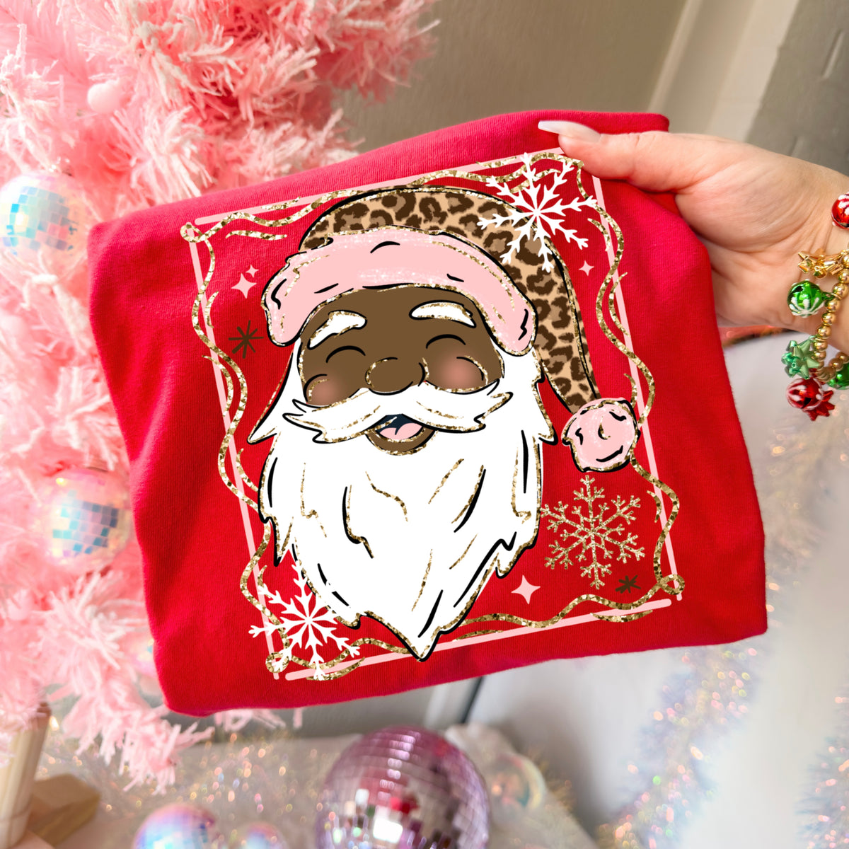 Pink and Leopard Santa dark-Ready to Press Transfer