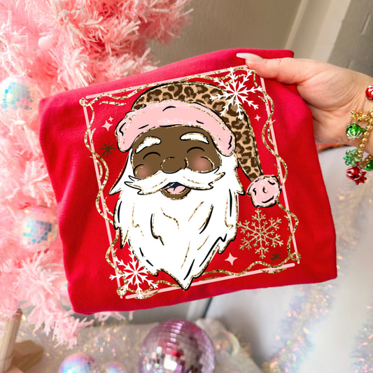 Pink and Leopard Santa dark-Ready to Press Transfer