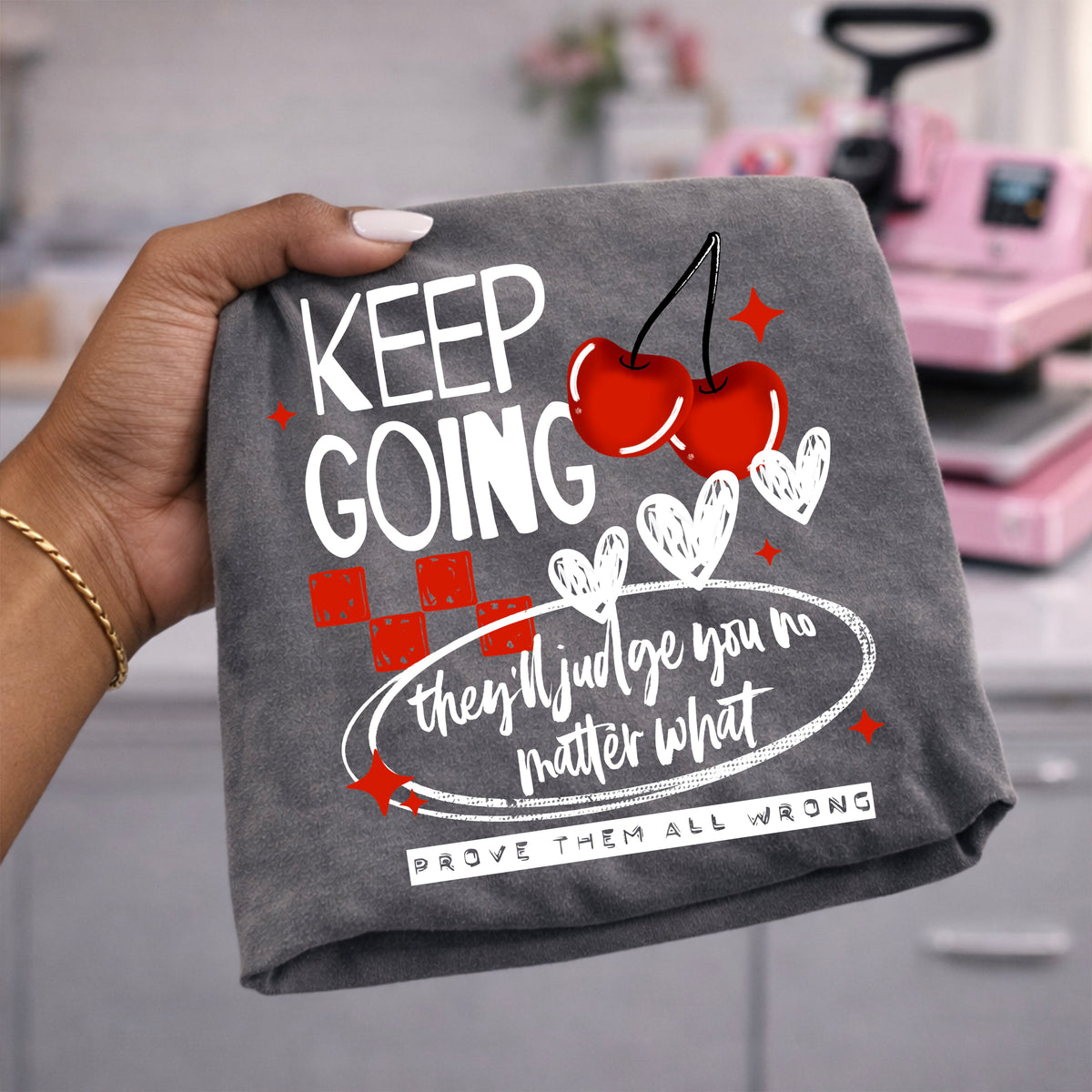 Keep Going Cherry white-Ready to Press Transfer