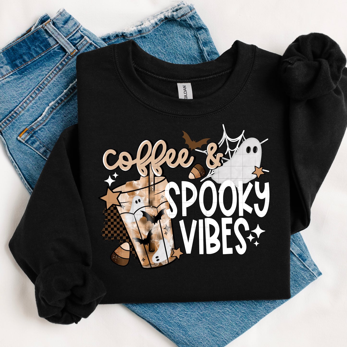Coffee and Spooky Vibes White Words-Ready to Press Transfer