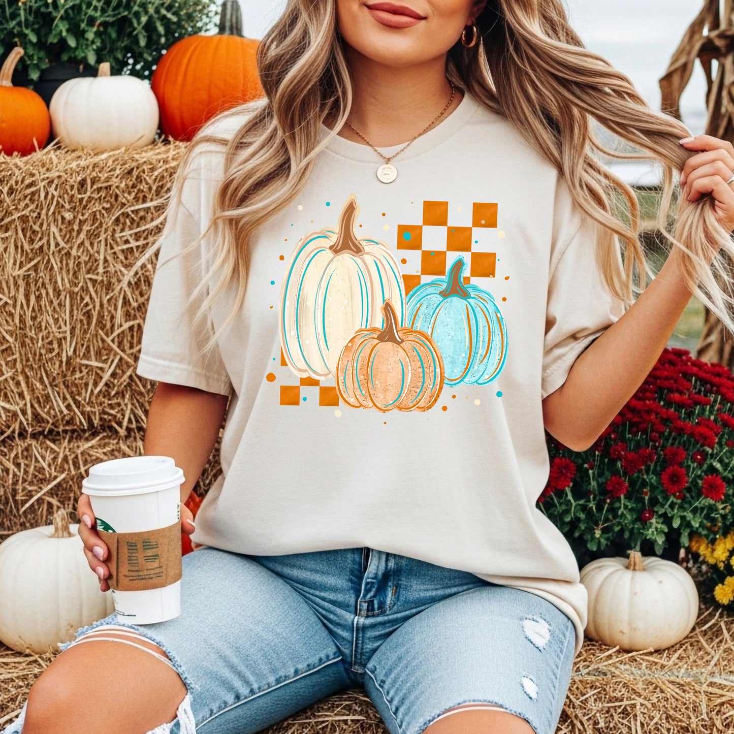 3 Pumpkins with Checker-Ready to Press Transfer