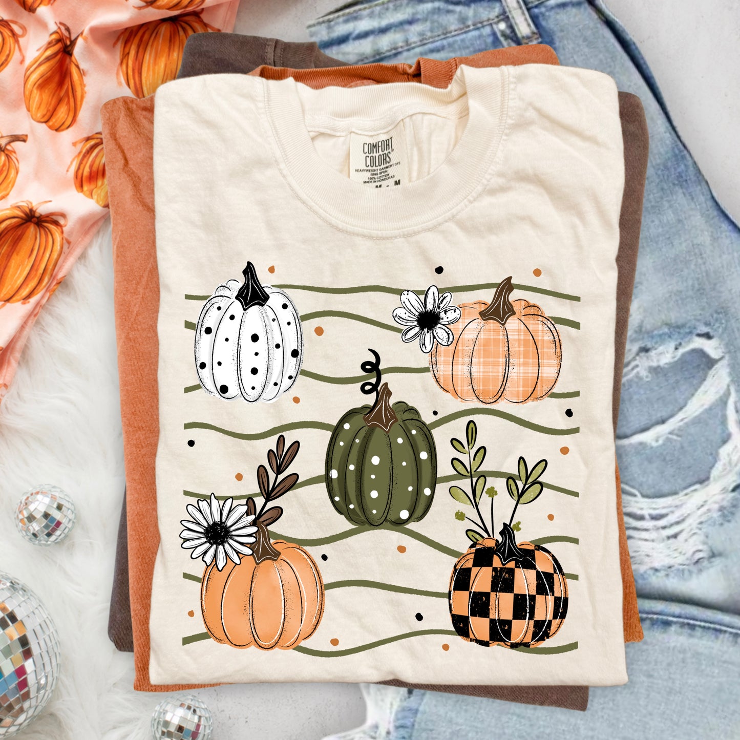 5 Pumpkins and Wavy Lines-Ready to Press Transfer