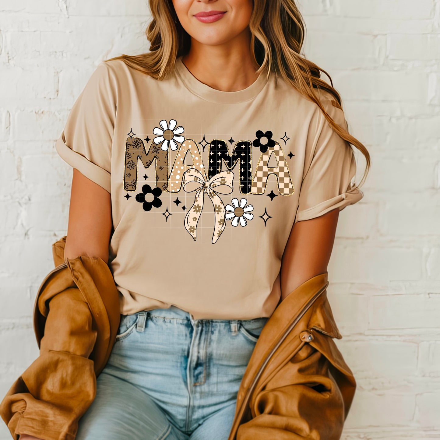 Mama Neutral Bow and Flowers-Ready to Press Transfer