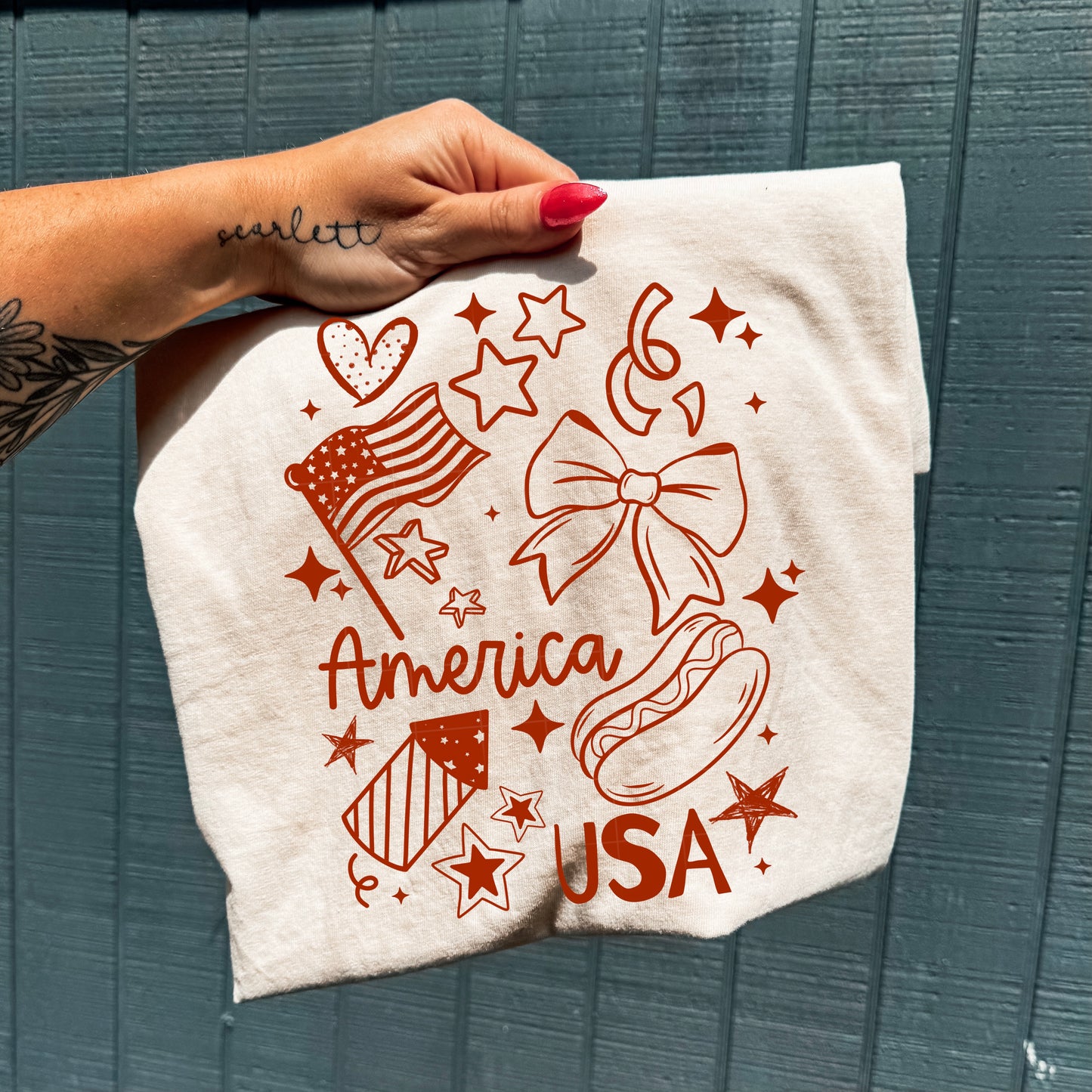 America Doodles Single Color Red-Ready to Press Transfer