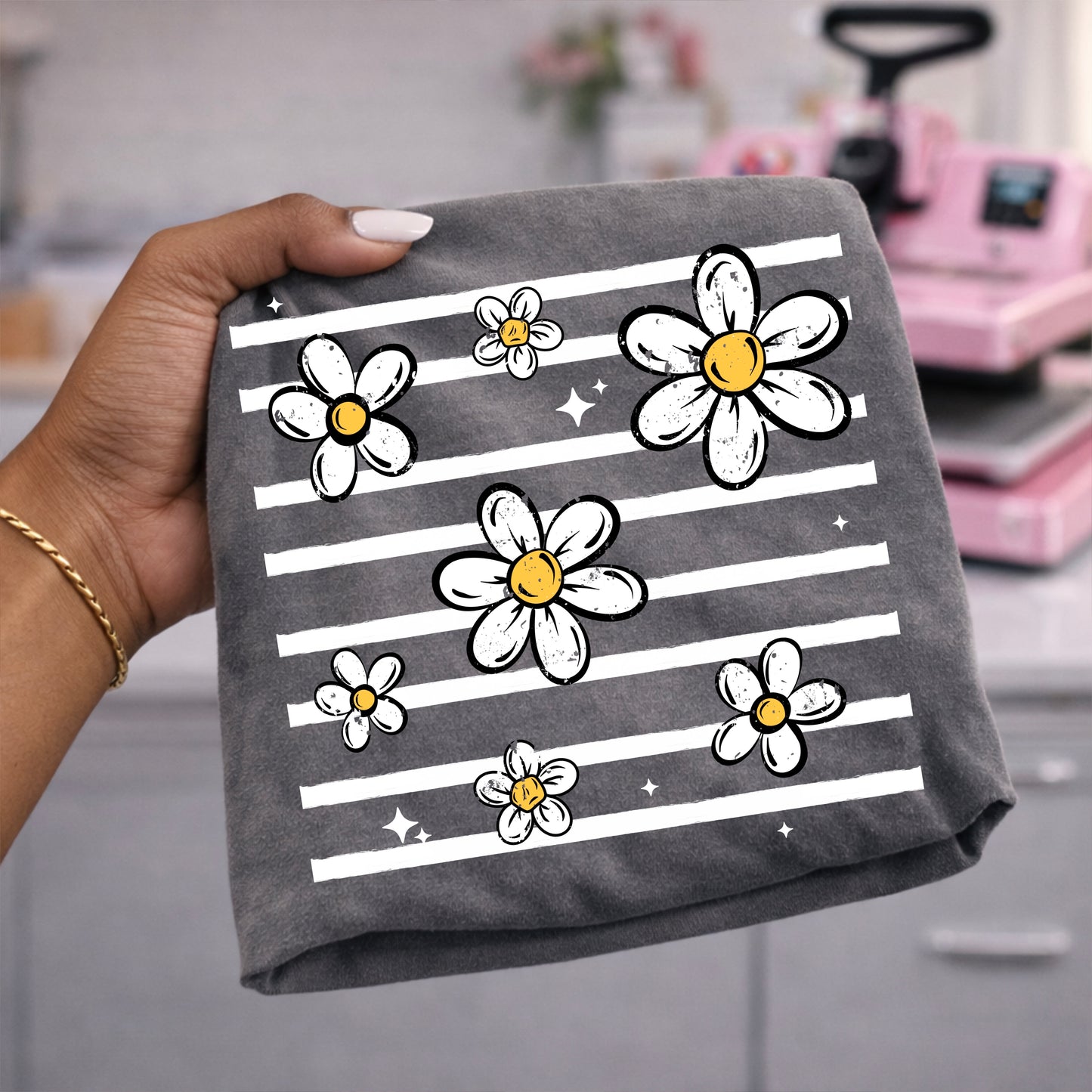 Flower Stripe White-Ready to Press Transfer