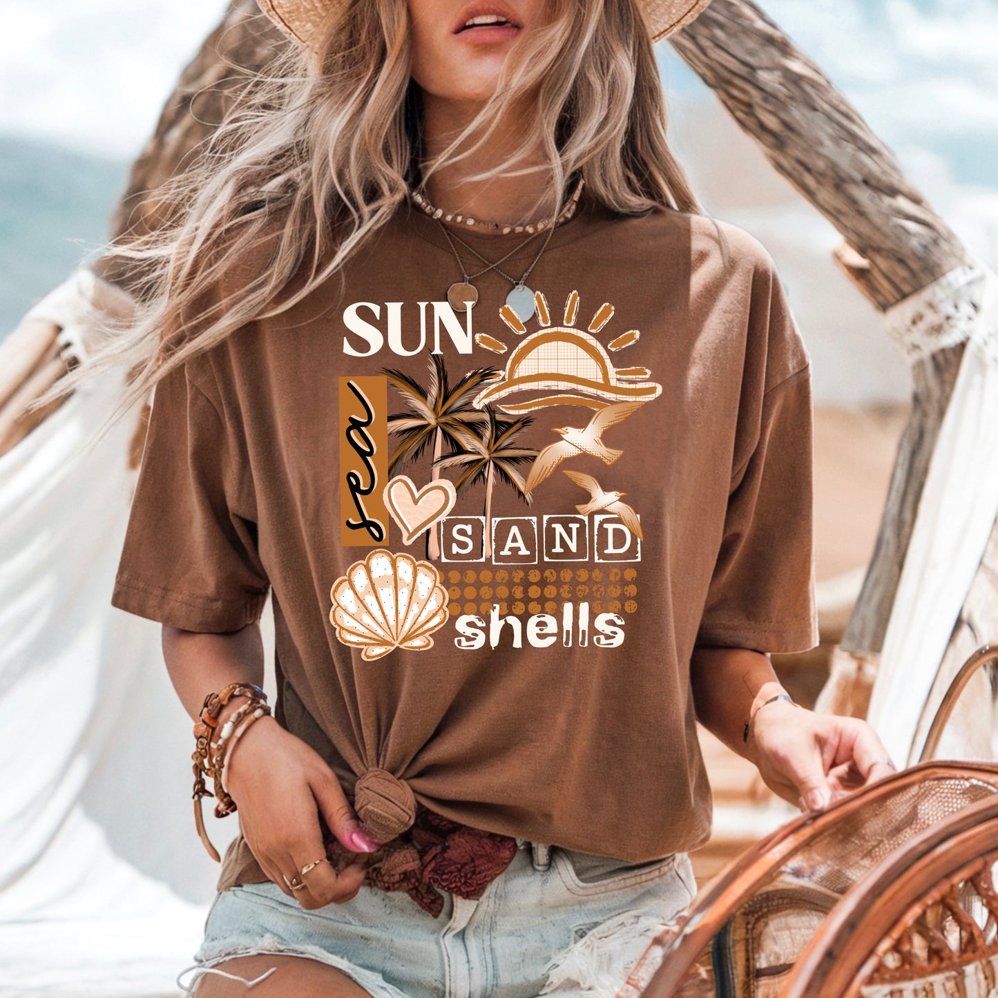 Sun Sand Sea Shells White-Ready to Press Transfer