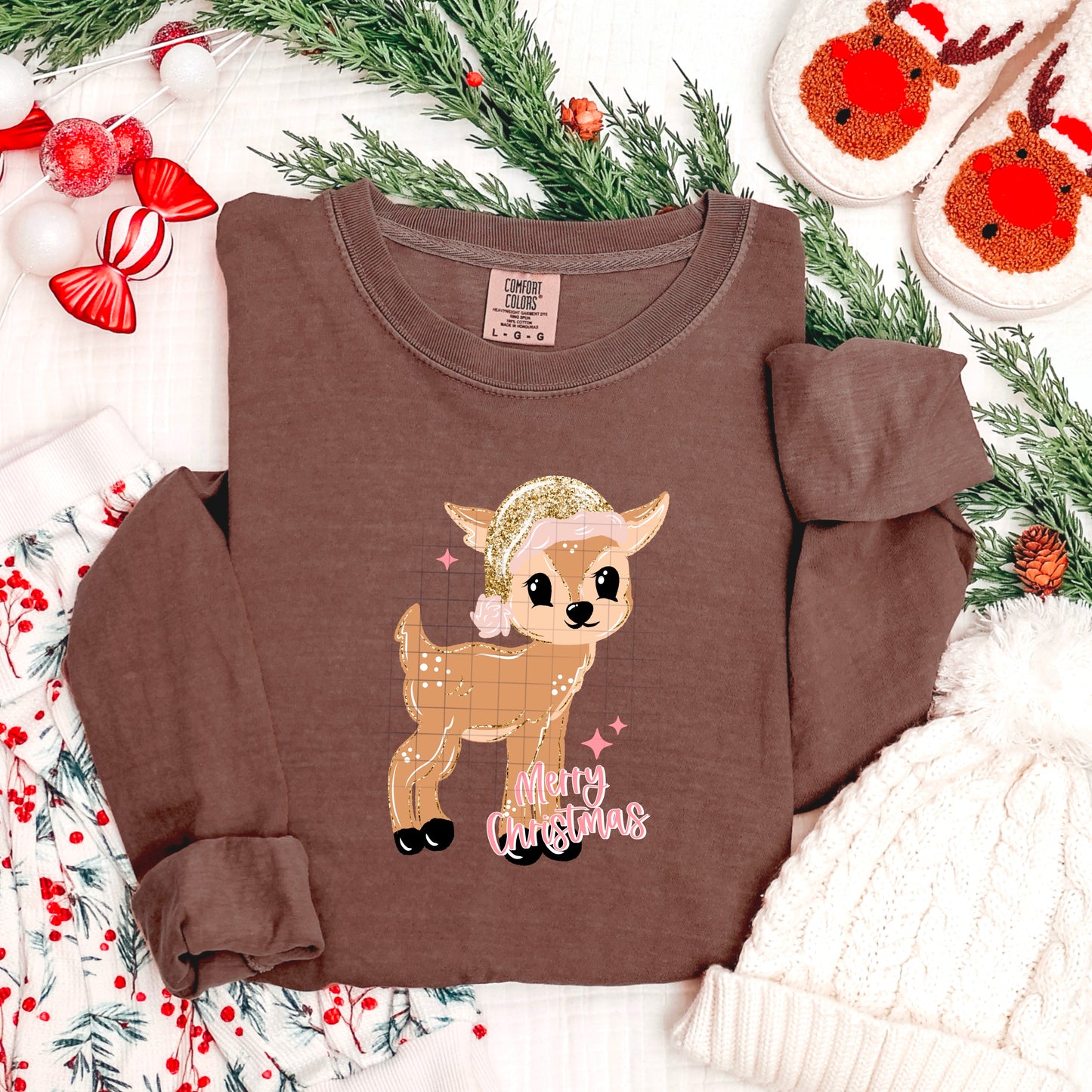 Merry Christmas Glitter Reindeer-Ready to Press Transfer