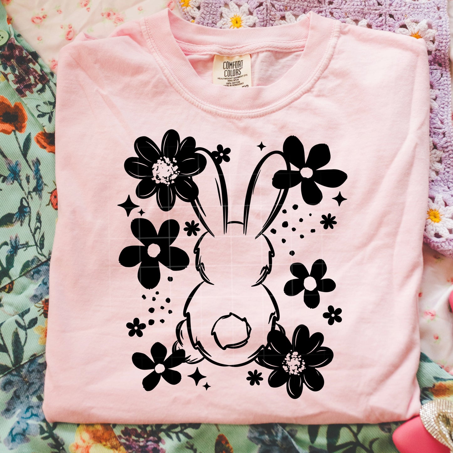 Floral Bunny Single Color Black-Ready to Press Transfer