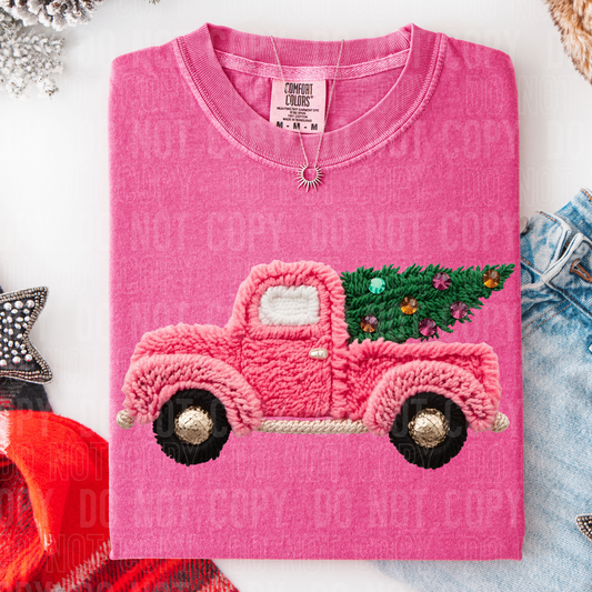PINK CHRISTMAS TRUCK FAUX YARN-Ready to Press Transfer