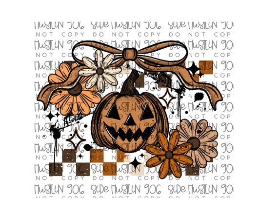 Pumpkin Floral Checkers with Bow-Ready to Press Transfer